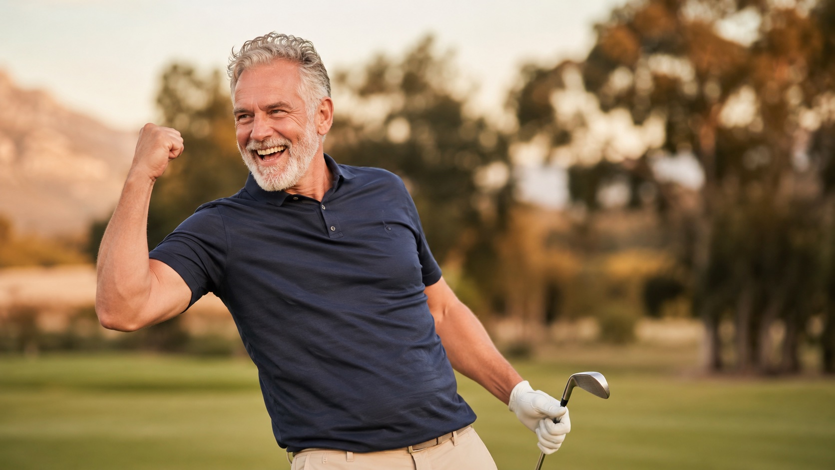 Man celebrating on golf course after returning to sport without surgery