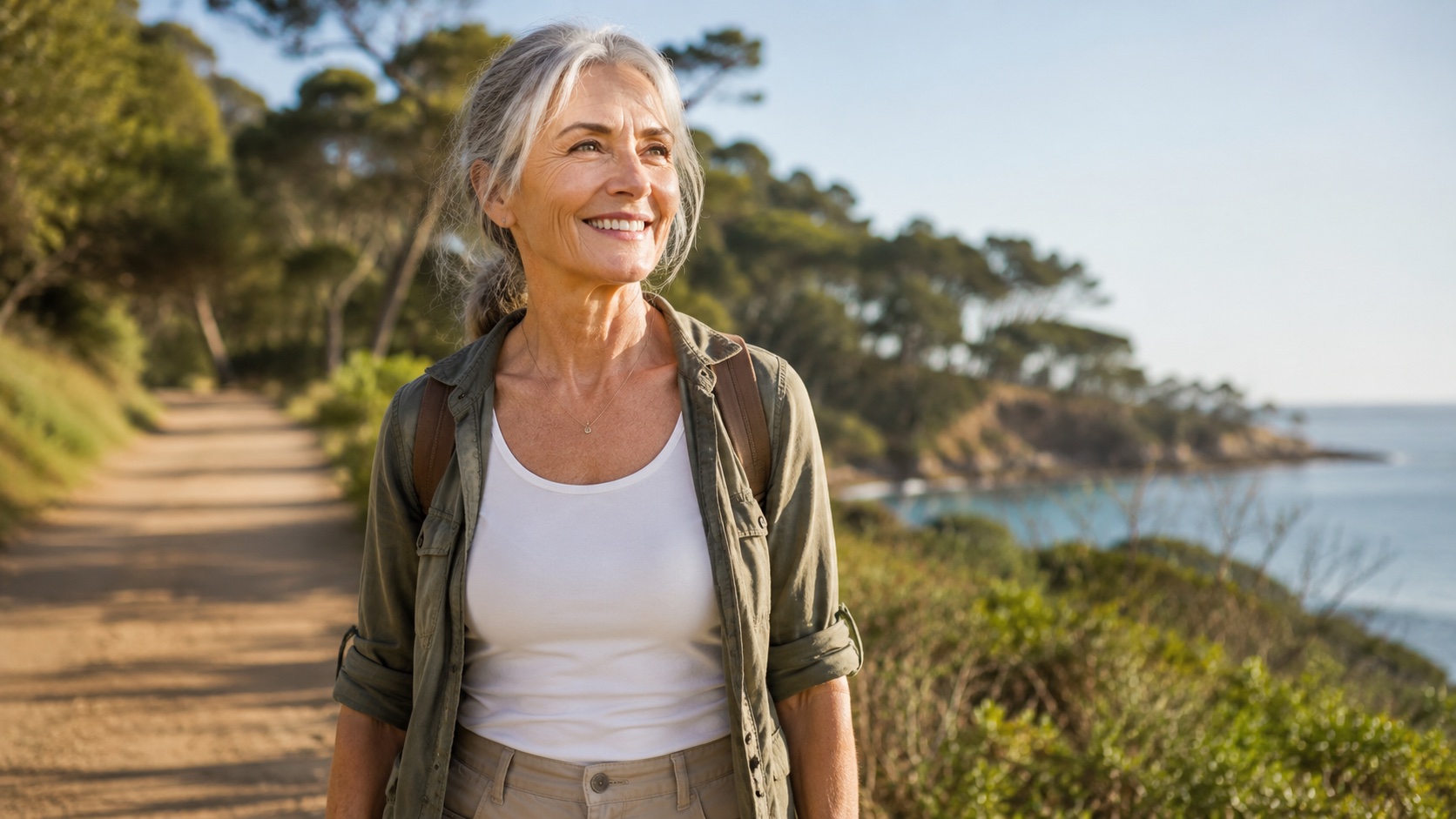 Woman walking confidently on outdoor trail after regenerative medicine treatment